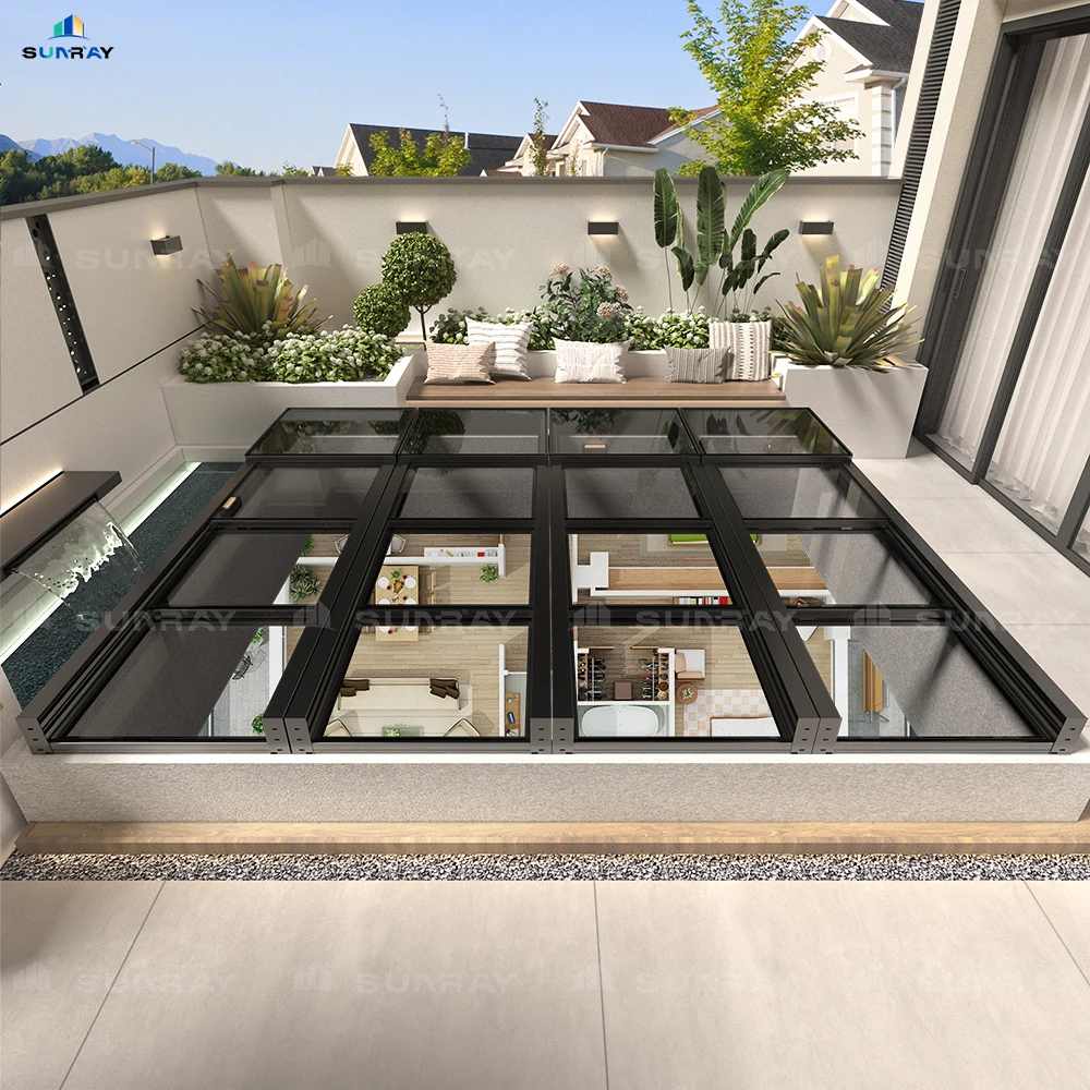 Sunray overlapping skylight intelligent rain sensing electric retractable sliding skylight large area lighting roof system