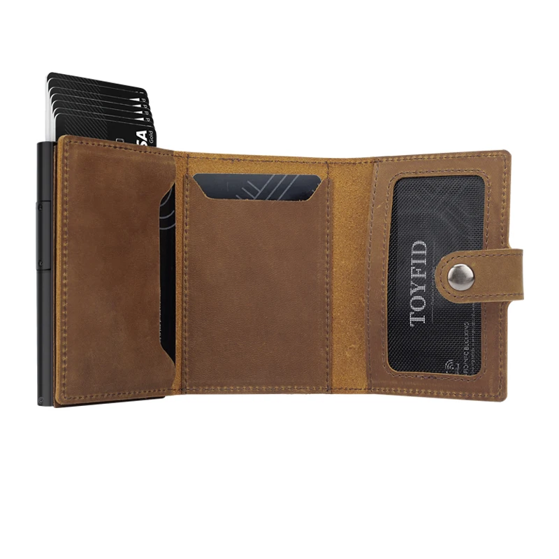 Wholesale Custom Front Pocket Genuine Leather Case Slim Minimalist Rfid Aluminum Metal  Business Credit Card Holder With Airtag