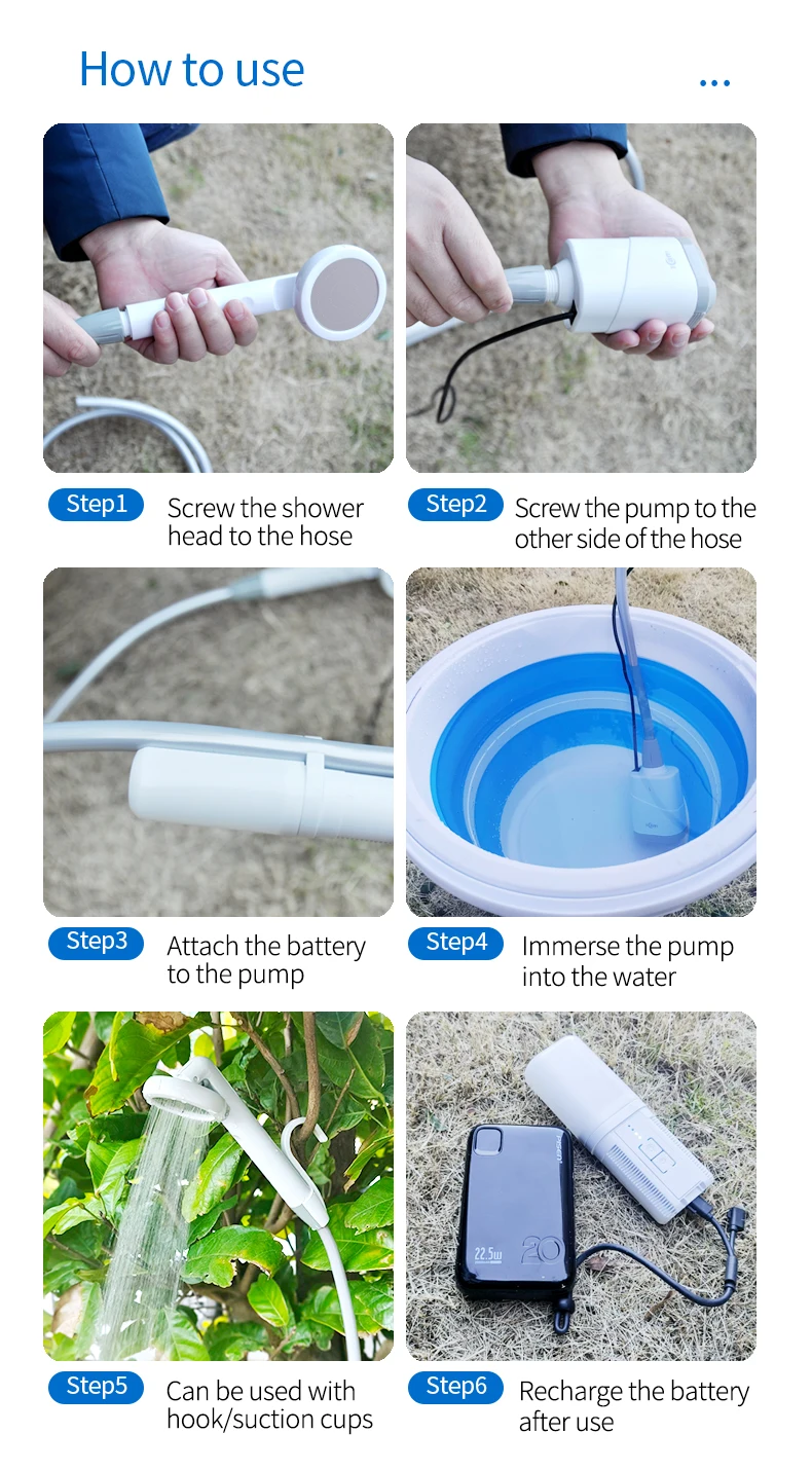 4400mA Battery Portable Outdoor Shower Big Capacity Travel Pump Water Shower LED Light Portable Electric Shower
