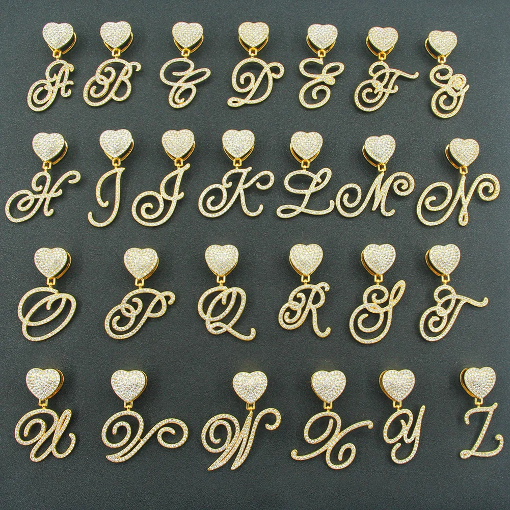 Initial pendant Zircon heart Pendant Hiphop Women Men Crown Hip Hop Gold Chain Necklace  Letter pendant