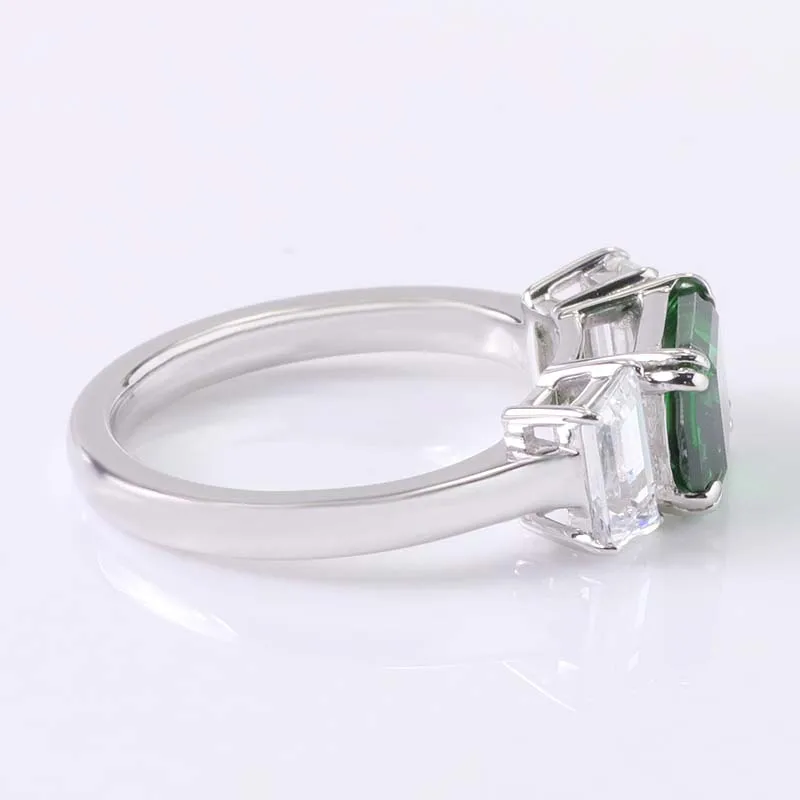 10k real white gold green emerald cut cubic zirconia 3 stone rings with 2 tapper cut side white cubic zirconia
