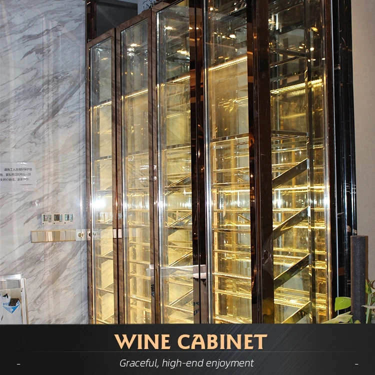 Gold Luxury Custom Liquor Alcohol Storage Wall Large Thermostatic Wine Cabinet for Hotel Home Wine Cellar