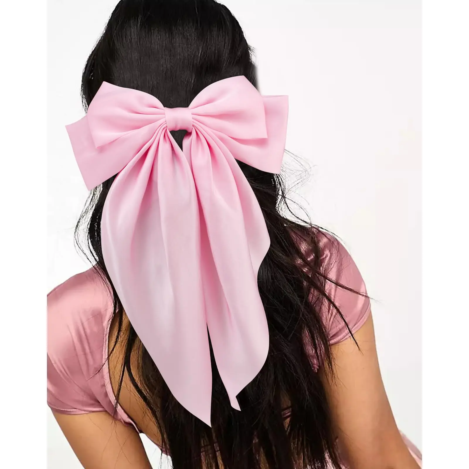 Elegant Hair Grips Pink Lady Hair Accessories Simple Hair Bow Clip With Long Tail Sweet Satin Ribbon Bow Barrettes For Women