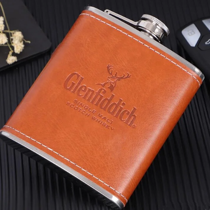7oz Reusable Stainless Steel jagermeister Leather Liquor Whisky  Hip Flask