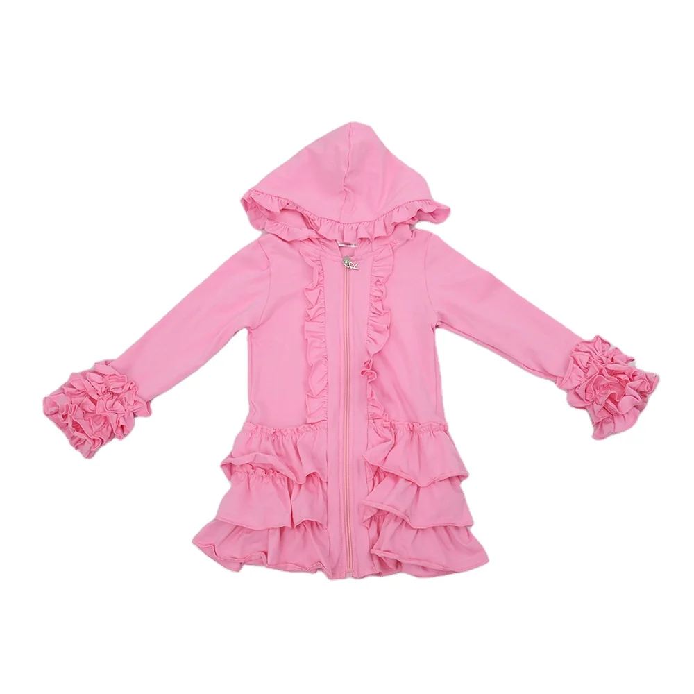 Qingli OEM  Hot selling children solid color jacket fashion kids girls boutique ruffle custom hoodie printing kids coats