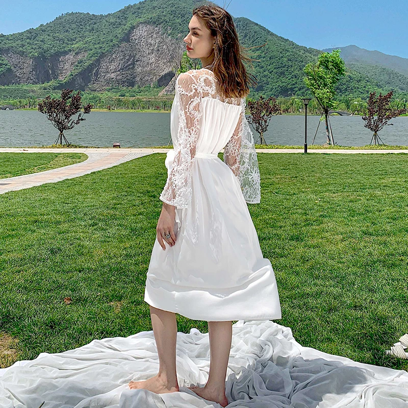 2022 Custom logo New Arrival Long Sleeved Chiffon satin silk lace up Ruffle Mini Casual Dress Women Fashion Dresses