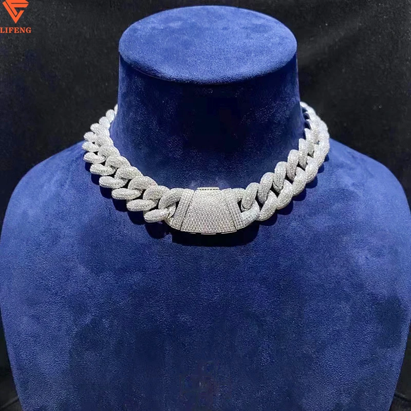 18MM 925 Sterling Silver Miami Cuban Necklace Iced Out Hiphop Moissanite Diamond White Gold Color Cuban Link Chain Necklace