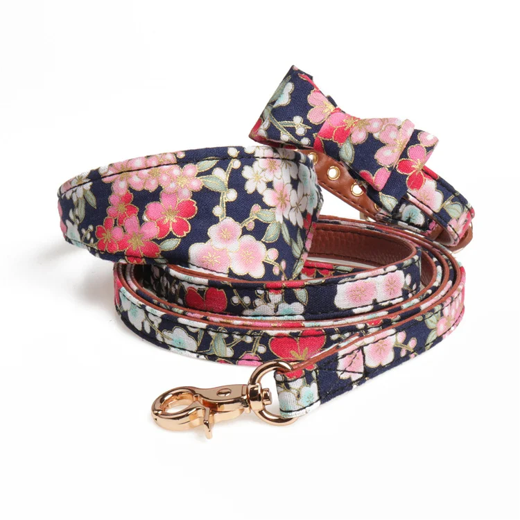 Handmade PU leather adjustable pink tweed chain Sakura Japanese dog collar
