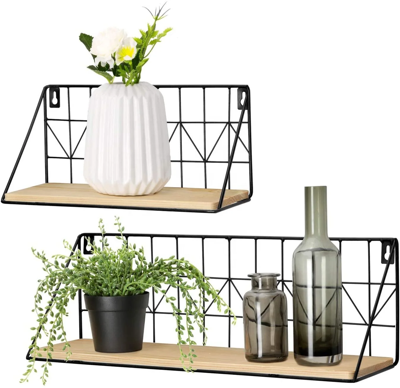 
Floating Shelves Modern Room Decor Boho Shelf Wood Wall Storage Organizer with Black Metal Wire Display Shelving for Bathroom 