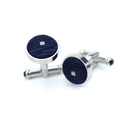 Dark Blue Geometric Design Stainless Steel Round Shape Cufflink High Quality Hand Made Silk Fabric Cufflinks Custom