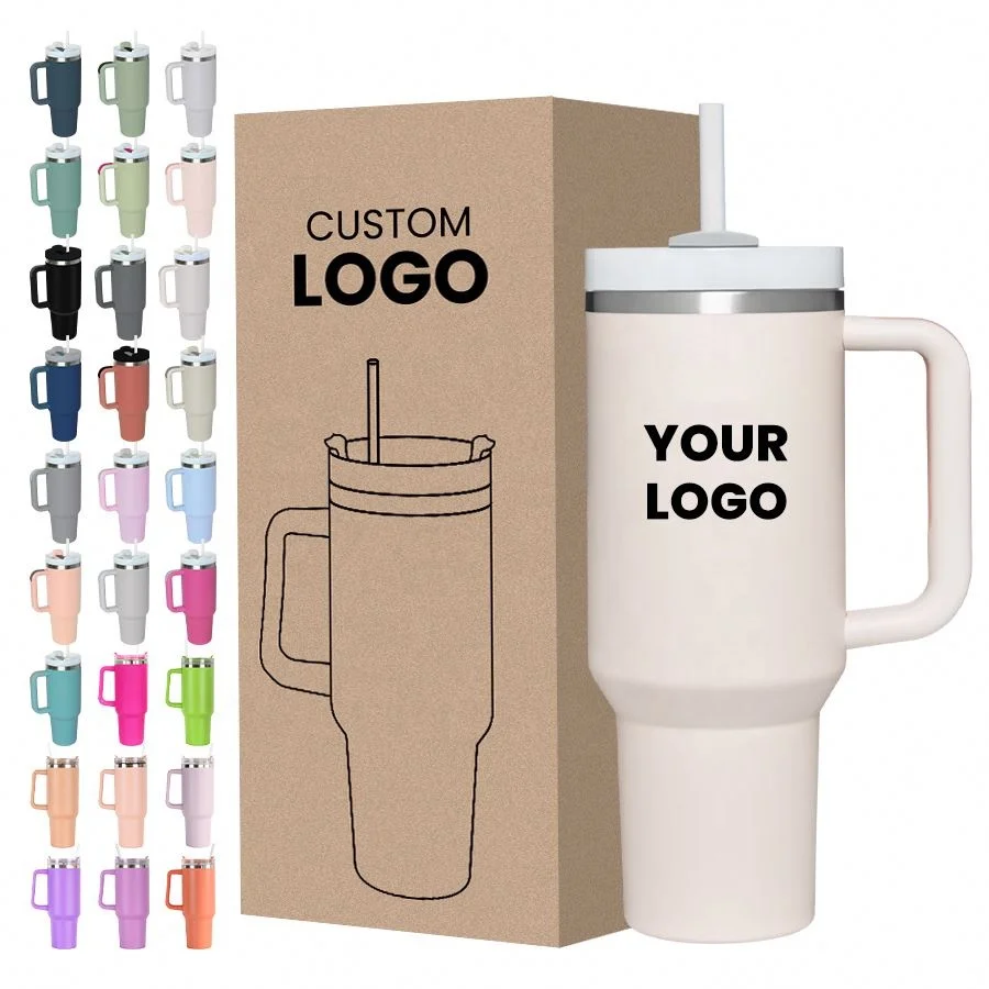 Customizable Powder Coated Adventure Wide Mouth Metal Travel Mug 40Oz Double Wall Christmas Tumbler With Lid Handle And Straw