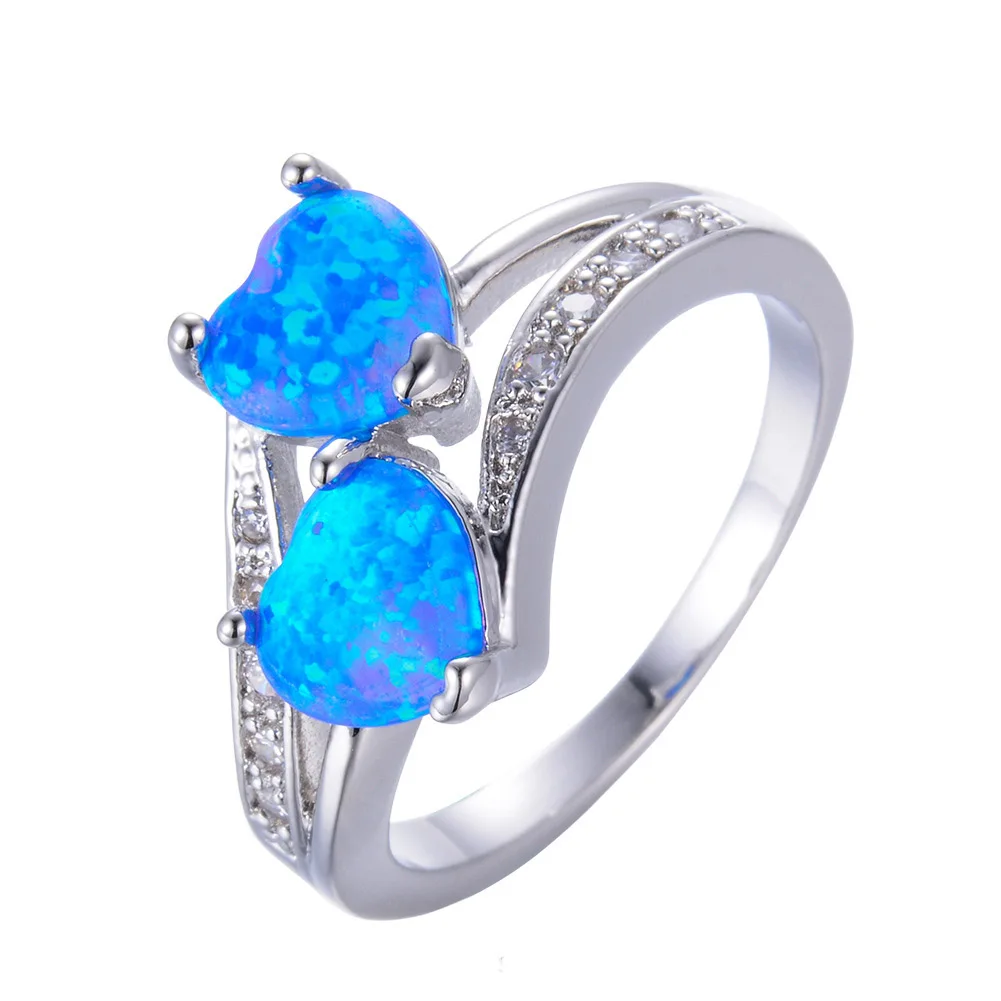JCA Wholesale Brass Silver Plated Fashion ring Elegant blue Opal Heart-shaped wedding ring Twisted engagement ring for women