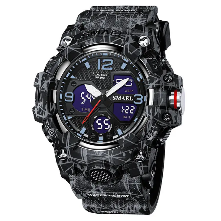 SMAEL Camouflage 8008 NEW Men Watches Sport Dual Time Style 50M Waterproof Clock Alarm Stopwatch Quartz Wristwatches For Men