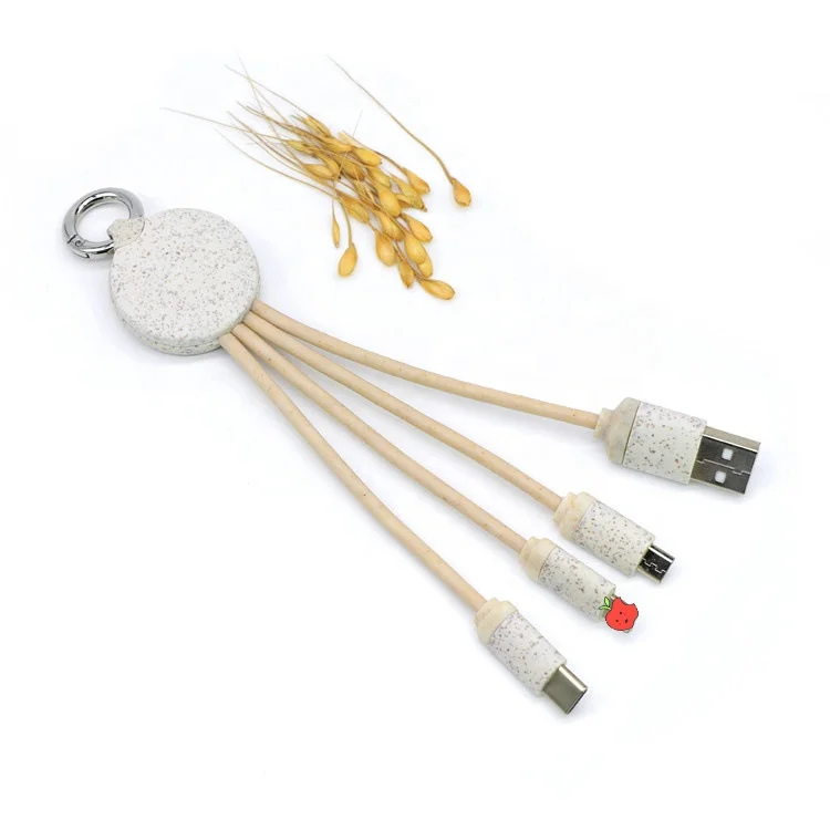 Eco-Friendly Promotion Gift Wheat Straw USB Charging Cable Custom Logo Portable Multi 3 in 1 USB Type-C Micro OTG Charger