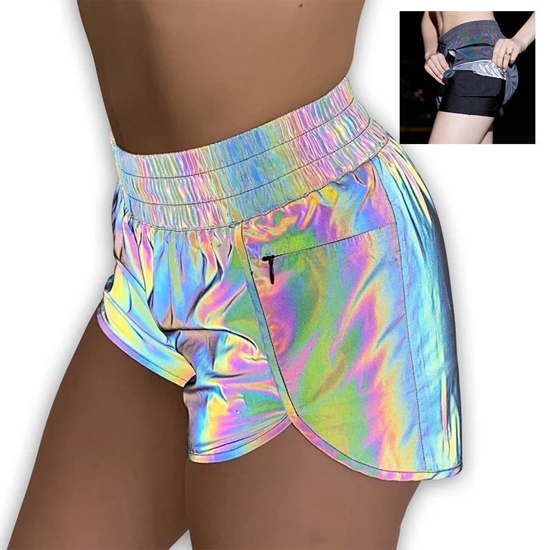 hip hop beach dancing night running safety comfortable iridescent rainbow color reflective shorts clothes pants for woman girls