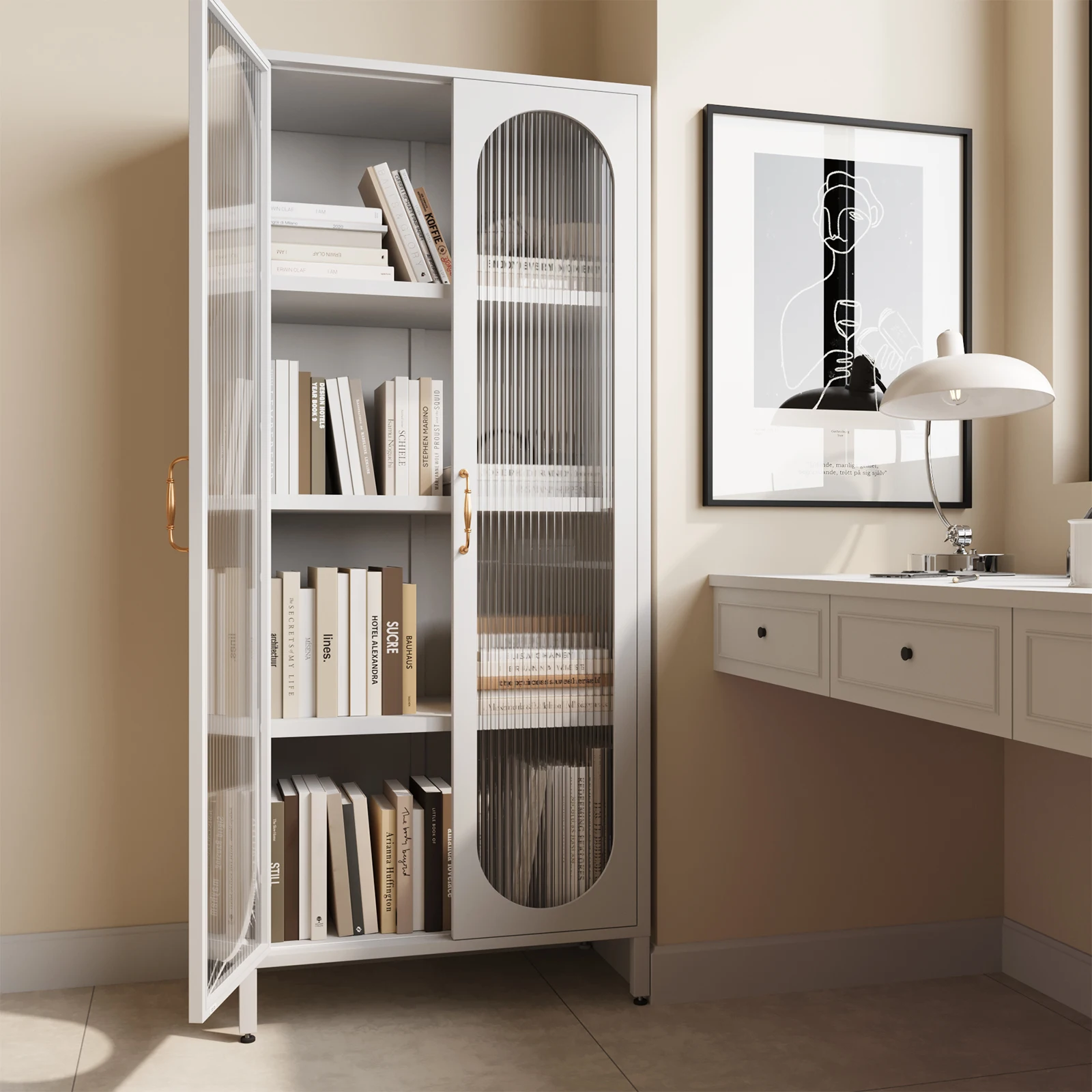 Doors Curio Display Cabinet Metal Cabinet with Glass with Adjustable Shelves Locking Glass Cabinet for Home Office Kitchen Iron