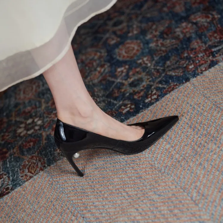 Fancy Women Stiletto Shoes Black White Casual Wedding Pearl High Heels Pumps