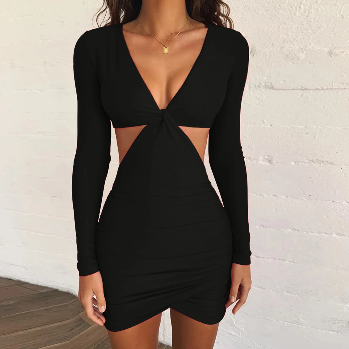 Casual Dress V-neck Bodycon Sexy & Club Summer Style Women Full Sleeve Mini Ladies Solid Color Customized Color Blend Fabric