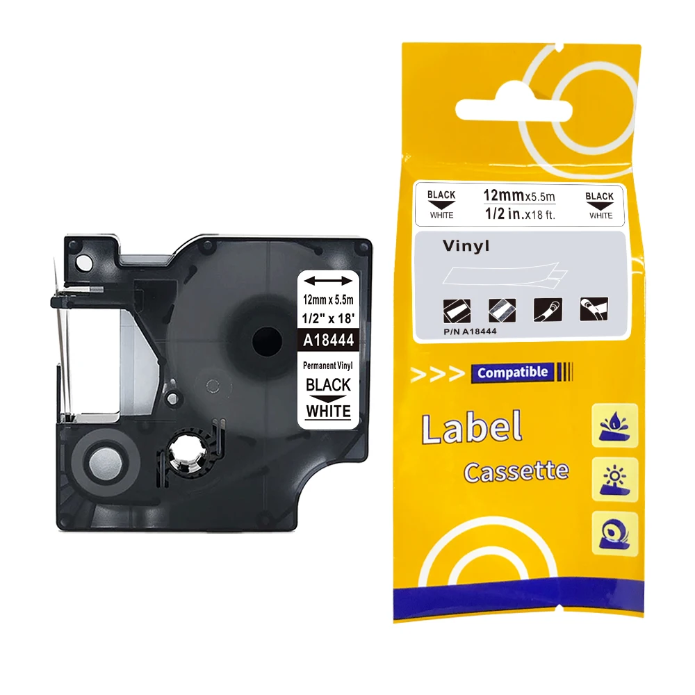 Совместимая цветная виниловая лента для помещений и улицы Dymo Rhino 4200 12 мм черные на белых этикетках A18444 ленты