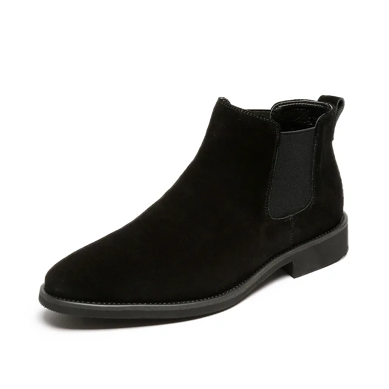New Product Pointed Slip-on Winter Dress Shoes Pure Color Genuine Suede Leather Ankle Chelsea Boots For Men