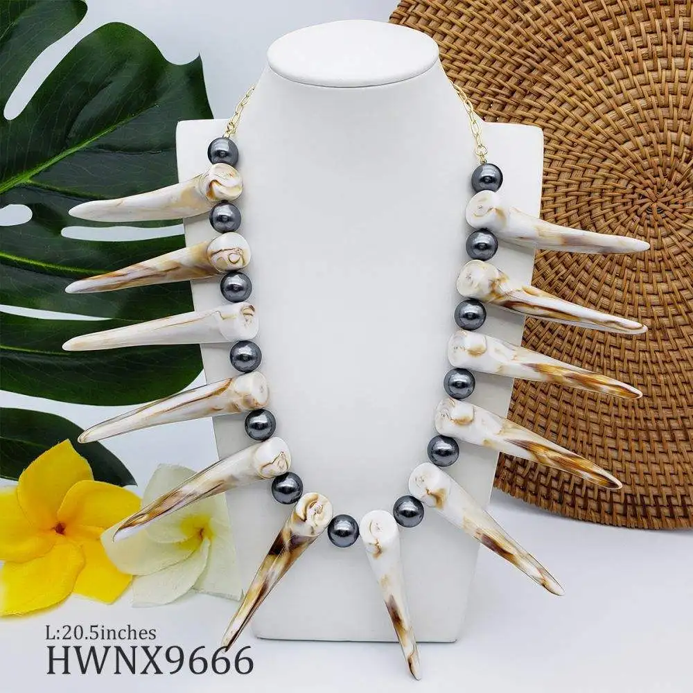DAIHE Hawaiian Niche Design Tribal Style Beaded Bull Horn Necklace Retro Shell Beads Collars Necklace