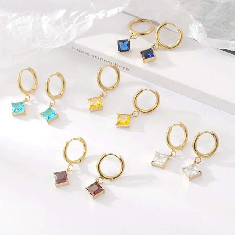 Fashionable sublimation stainless steel earings women square zircon drop cheap wholesale earrings women