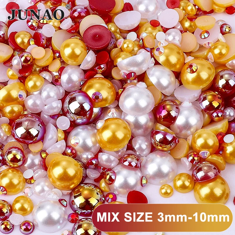 JUNAO Pearls Mixed Size 3-10mm Mix Candy Color Flatback Pearls Child Accessories Mixed Resin Rhinestones For Dress Nail Art