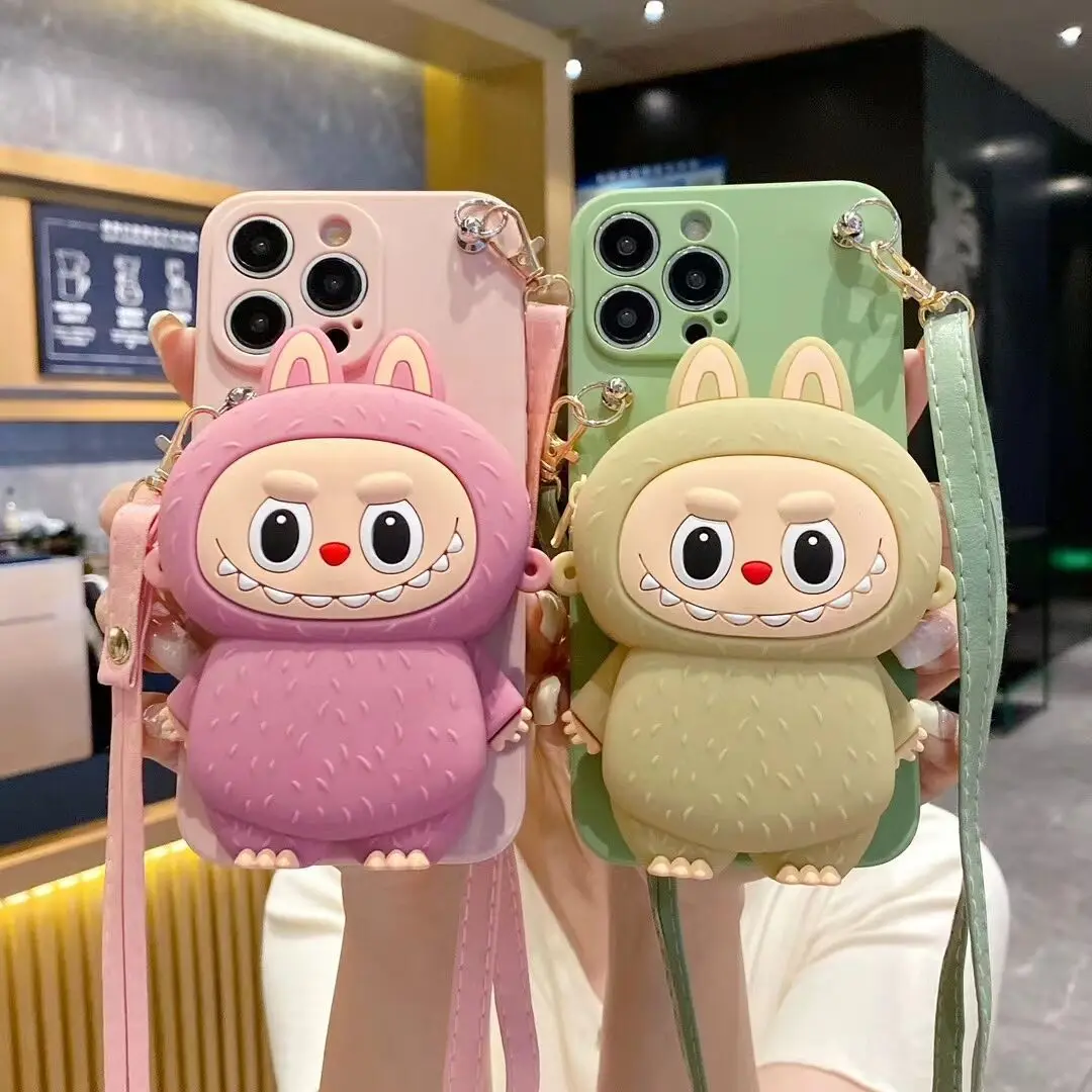 3D Cute Cartoon Characters Coin Cosmetic Storage Silicone Purse Bag Phone Case For iPhone 16 15 14 13 12 11 Pro Max Cover