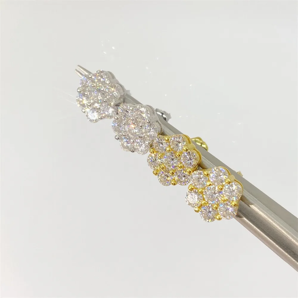 Кластера цветок дизайн унисекс Муассанит серьги для мужчин в стиле хип-хоп, 925 стерлингового серебра Муассанит серьги-гвоздики для женщин