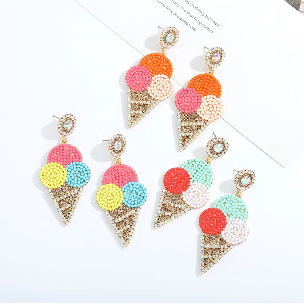 Bohemia Boho Handmade Multicolored Seed Beaded Crystal Hanging Drop Ear Jewelry Summer Zircon Cute Ice Cream Rice Beads Earrings