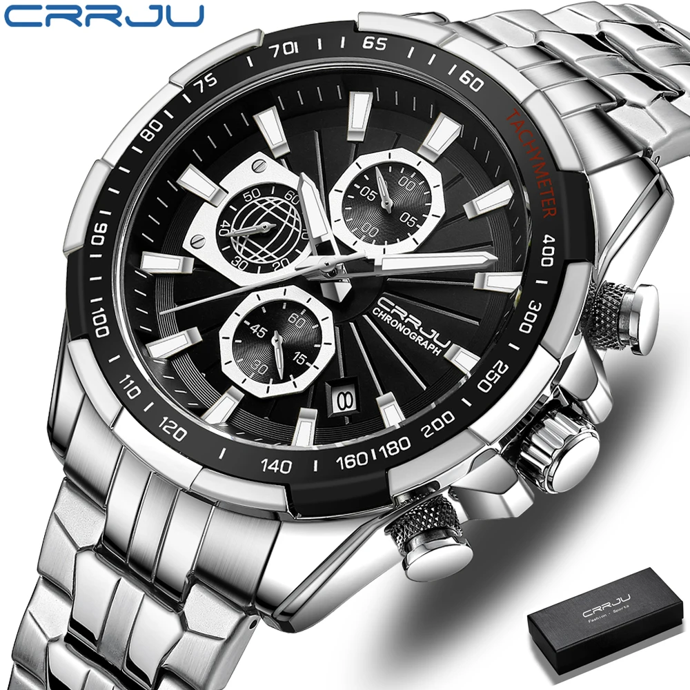 Crrju Manufacture  waterproof solid  Stainless Steel Chain alloy case  green luminous Wrist men Watch reloj de hombre