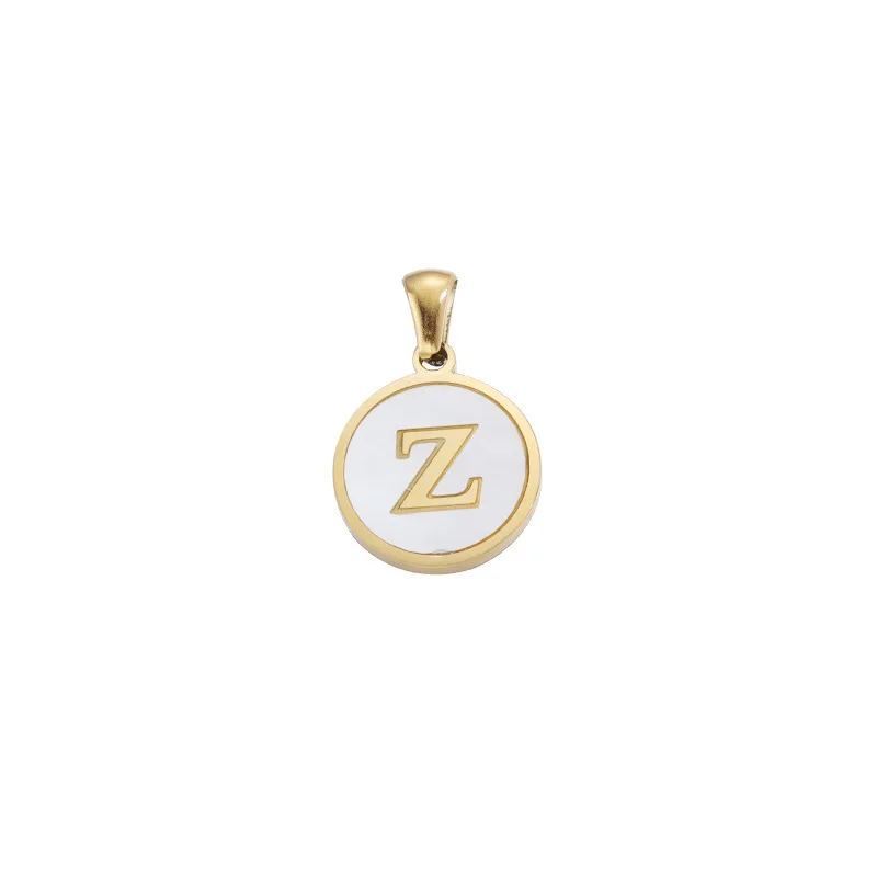 Stainless steel 18k gold plated natural mother of pearl shell coin shape A-Z alphabet letter initial pendant necklace For Women