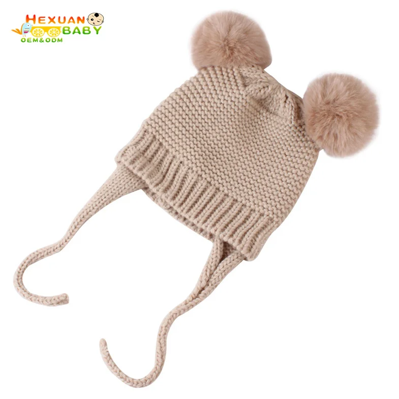 Wholesale Custom Fashion Winter Pure Cashmere Knitted Ear Flap Beanie Hat Cute Kids Baby Pom