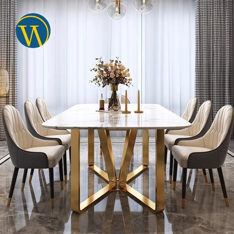 Chairs Set Rectangular Marble Modern Wholesale Home Top Golden Base Dining Tables and 6 Home Furniture Contemporary 5pcs D9162