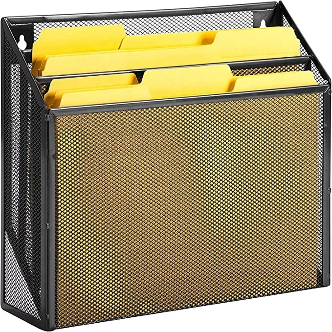 high-capacity metal mesh magazine holder black file rack office stationery Vertical Wall-Mounted 3 tier  book  with hook