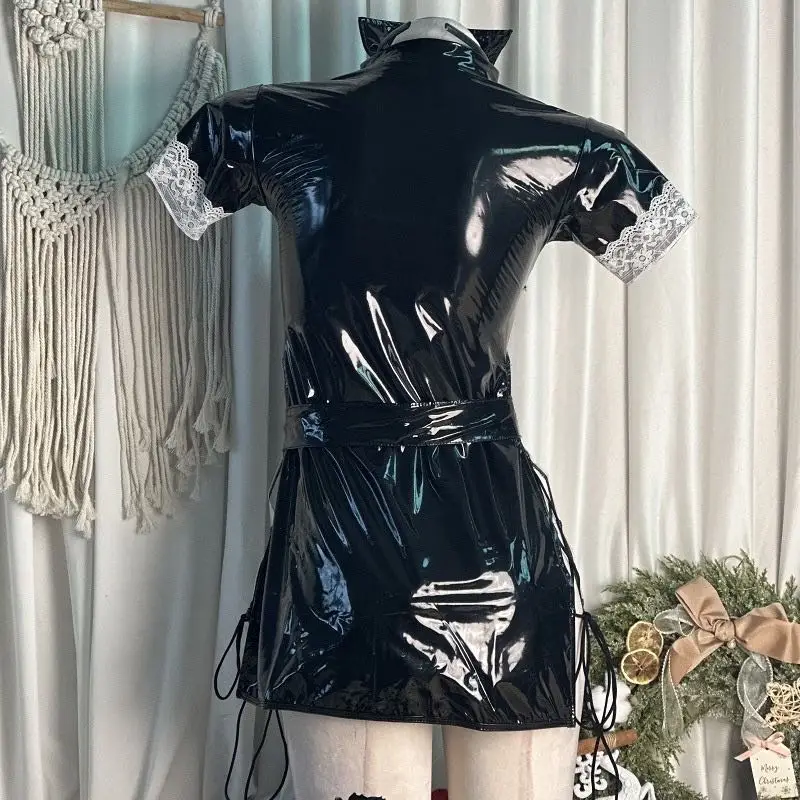Fun Cosplay Animation Uniform Cute Nurse Seduction Transparent Patent Leather Tight Private Dew Milk Sweetheart Sex Underwear