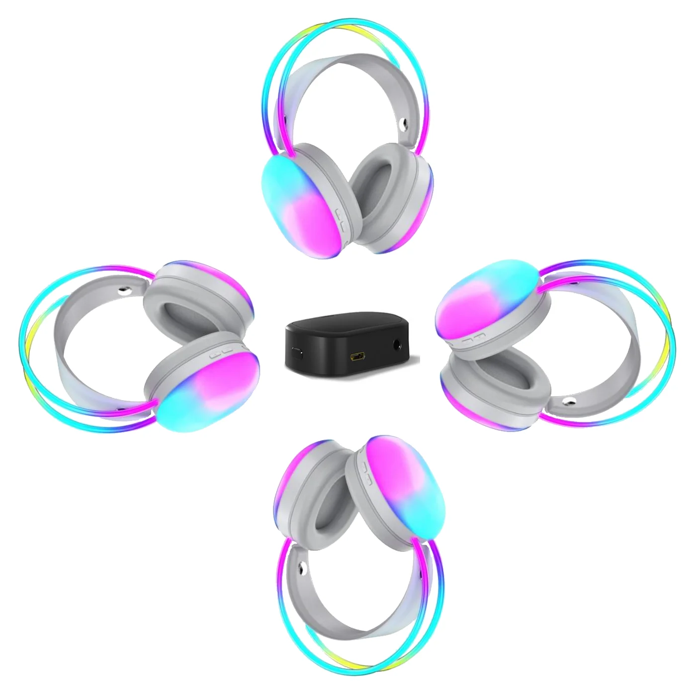 Multiple Wireless Headphones with one Transmitter,4 Pack Up to 100PCS,HD Sound No Lag for Silent Disco Party with RGB light