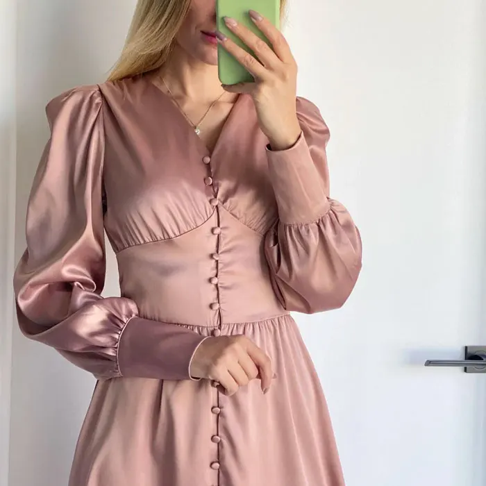 Hot sell custom muslim womens long dresses modest evening prom silk maxi satin puff long sleeve dress for ladies