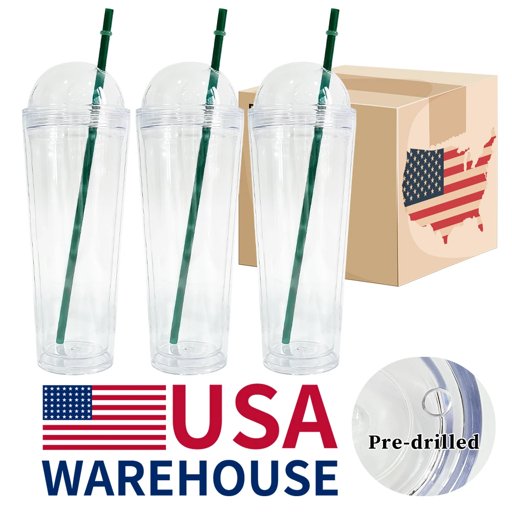 USA warehouse 24 oz Acrylic Cold Cup Tumbler pre drilled snow globe clear transparent iced coffee cup with lids and straws