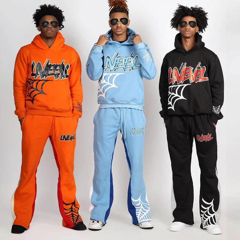 Custom Logo Unisex Tracksuit Sportswear for Mens Sweatsuits Crop Top Flared Sweatpants And Hoodie Set