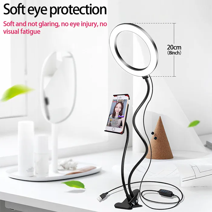 Flexible 3 in 1 Clips 8 Inch Table LED Selfie Ring Light With Cell Phone Holder for Youtube