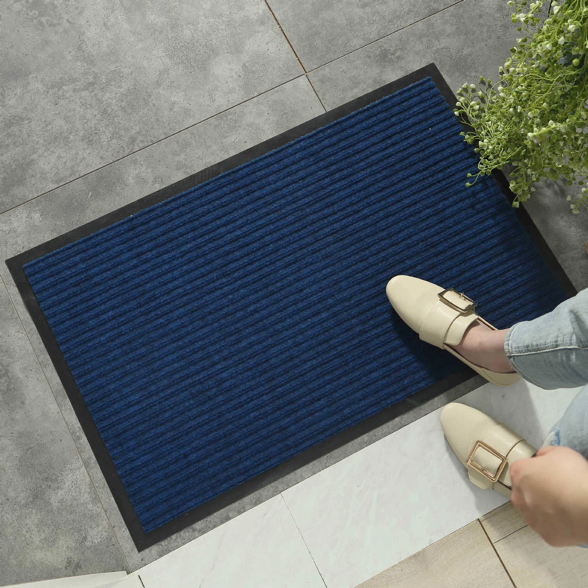 Outdoor Polyester Double Stripe Rib Doormat Anti Slip Door Mat Entrance PVC Floor Mat