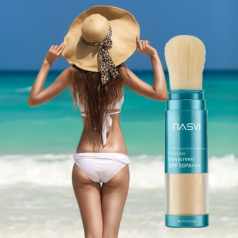 OEM ODM Portable Facial Sun Protection UVA UVB Tinted Mineral Sunblock Brush Loose Powder Spf 50 Sunscreen Powder