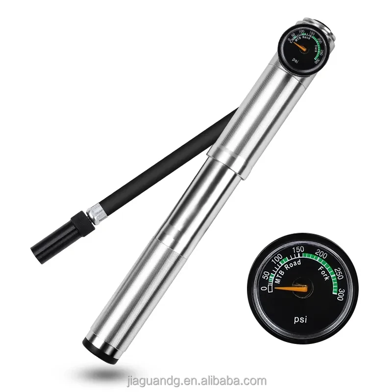 High-Pressure 300psi Aluminum Bicycle Pump with Air Hose and Pressure Gauge Bike Inflator Tyre Pump