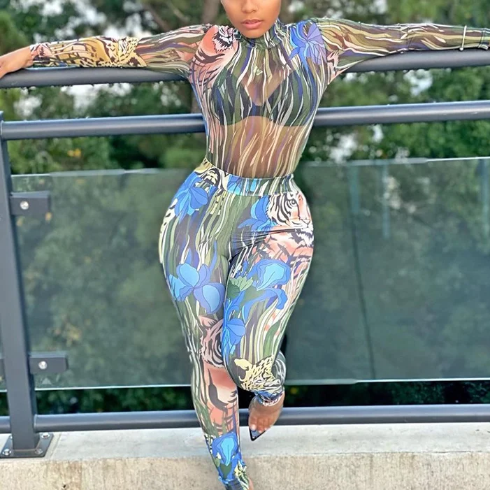 New Arrivals Trendy Designer Outfits Hollow Mesh Printed See Through Clothes Clothing Long Sleeve 2 Two Piece Pants Sets Women