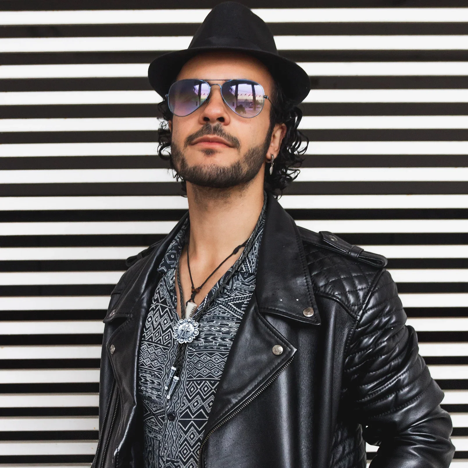 RechicGu Vintage Cross Star Bolo Tie Handmade Leather Necktie Adjustable Rodeo Necklace Western Cowboy Fashion Accessories Men