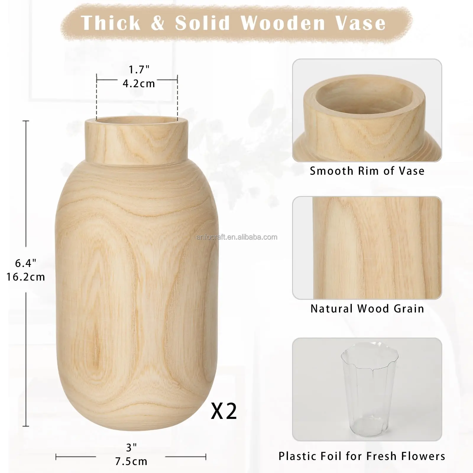 Modern Natural Wooden Vase Shallow Mouth Decorative Bamboo Floor Vase Garden Holding Dried Artificial Flowers Table Centerpiece