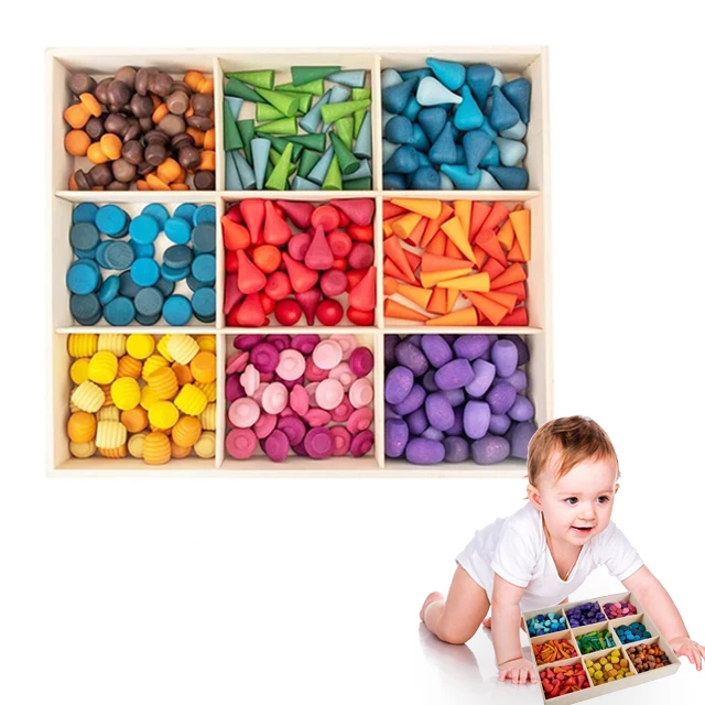 WEBEEDY 324 Pcs Wooden Loose Parts, Wooden Mandala Loose Part Kit, Sensory Play Toys, Loose Parts Play Set 9 Shapes 27 Colors Ra