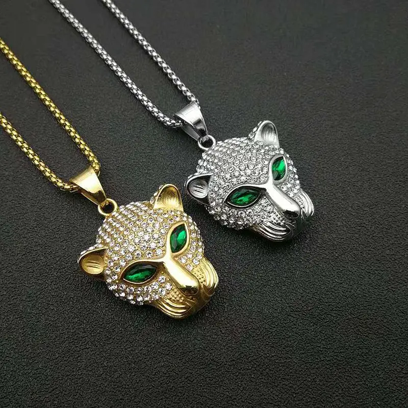 Punk Vintage Stainless Steel Gold Plated Green Red  Eye Leopard Head Custom Hip Hop Men Silver Diamond Pendants Necklace