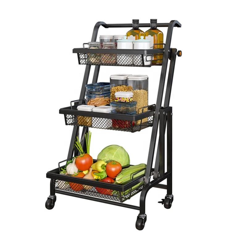 
Hot sale folding Metal 3-Tier trolley organizer kitchen Rolling Storage Rack with kitchen trolley 